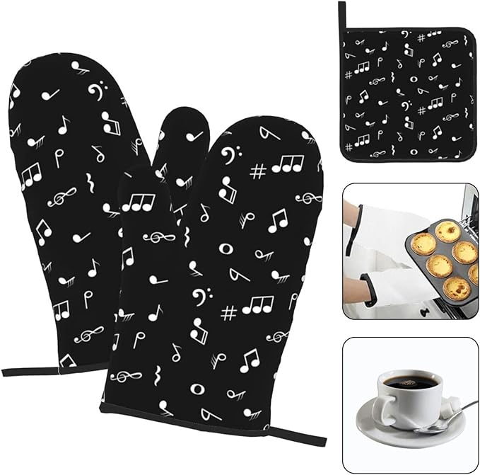 Music Notes Oven Mitts and Pot Holders Sets of 3 Black Hot Pads Musicial Oven Gloves Heat Resistant Non Slip Washable for Kitchen Cooking Grilling Baking