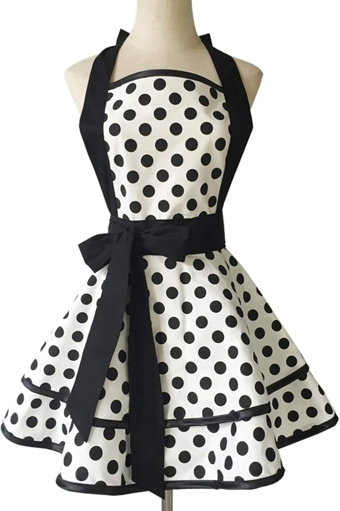 Hyzrz Lovely Handmade Cotton Retro Aprons for Women Girls Cake Kitchen Cook Apron for Mother's Gift (Black Dot)