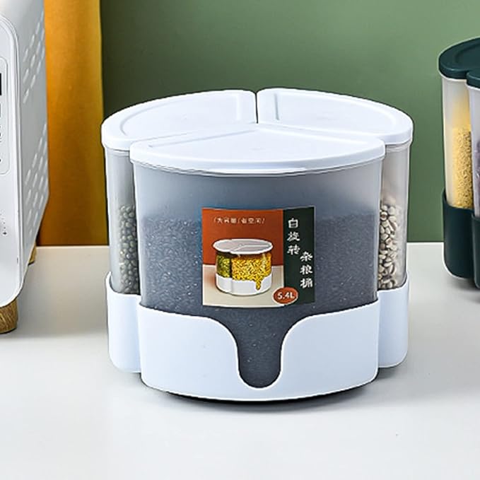Grain Dispenser,360° Rotating Grain Storage Food Dispenser,3 Compartment Sealed Dry Food Container for Kitchen Counter Storage Organization