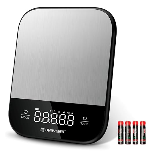 UNIWEIGH Food Scales for Kitchen,Digital Scale Grams and Ounces for Food Weight,Baking,Cooking,Meal Prep,Small Kitchen Scales with 7 Weighing Units/LED Display/Tare Function,Stainless Steel,Black
