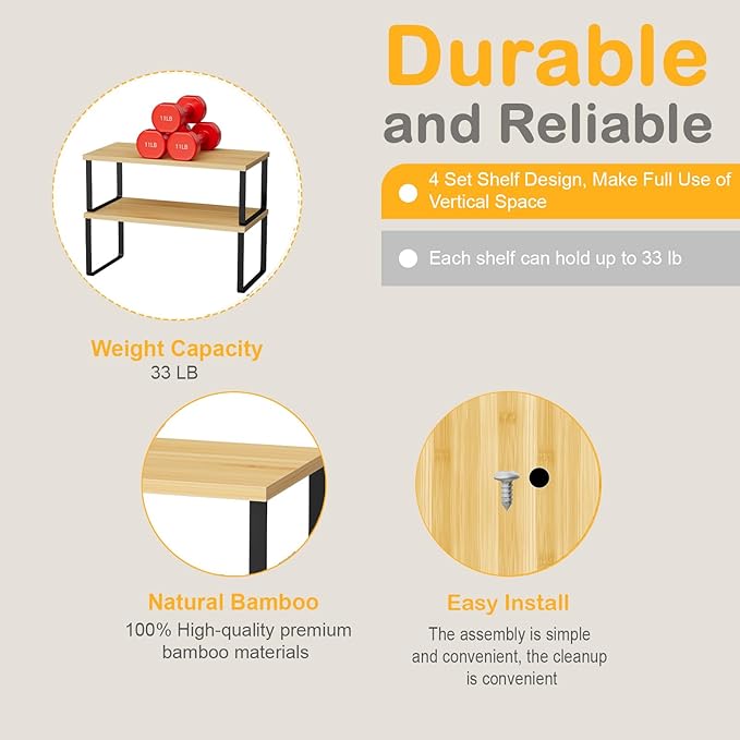 OGEMXU Cabinet Shelf Organizers, 15.7 inches Large Kitchen Counter Shelf, Set of 2 Wood Kitchen Pantry Organizer, Storage Shelves for Countertop, Spice Rack, Stackable, Expandable, Metal Black, Nature