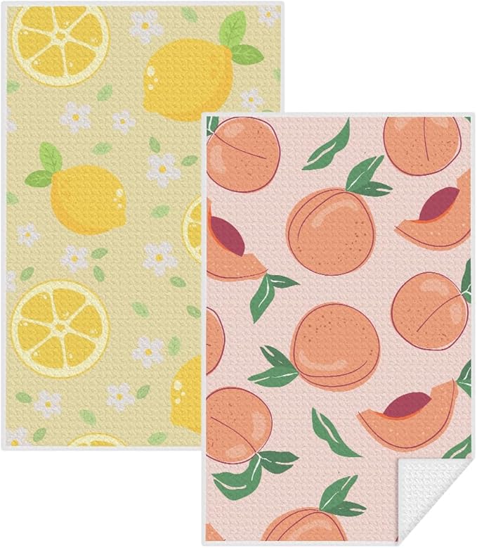 2Pcs Lemon Kitchen Towels, Pink Peach Absorbent Tea Towel Decor Reusable Dish Hand Towels Peach Lemon Lover Gifts for Cleaning Drying Women Mom Housewarming Gifts 14 x 24 Inch Kitchen Home Decor