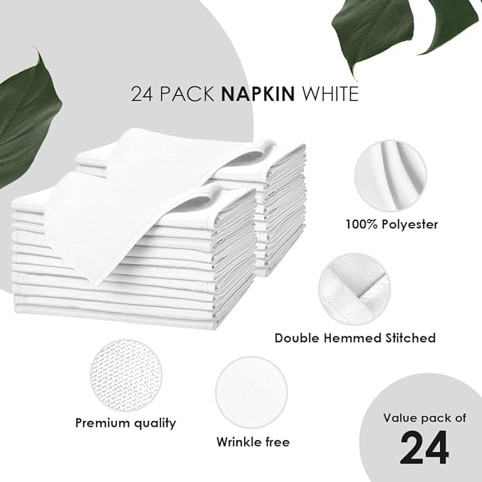 Avalon Kitchen White Cloth Napkins Bulk (Pack of 24) - 100% Polyester Dinner Linen Napkins Cloth Washable & Reusable - Durable with Hemmed Edges - Ideal for Parties and Weddings (17x17 Inches)