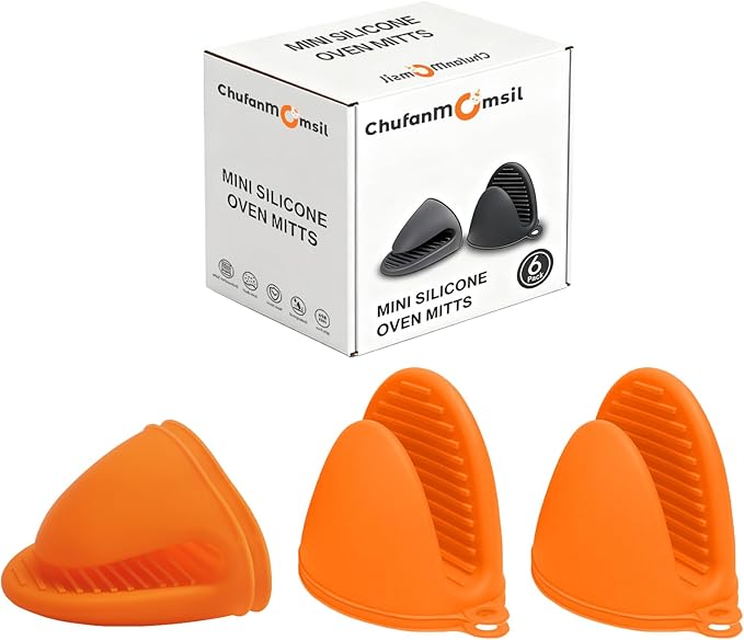 Oven Mitts Silicone Pot Holders Set Heat Resistant for Kitchen - ChufanMomsil 6 PCS Mini Silicone Oven Gloves Kitchen Mittens, Short Pot Pinch Grips for BBQ & Baking, Orange