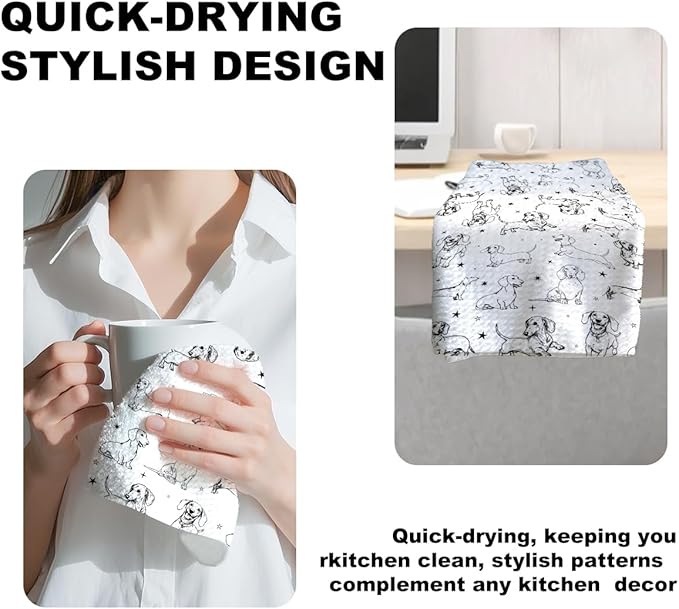 Jztco Cute Dachshund Kitchen Towels 24x14 Inch, Dachshund Gifts Reusable Dish Towels for Kitchen Bathroom Decor, Waffle Weave Hand Cloth Tea Towel, Cute Weiner Dog Gifts for Women Mom