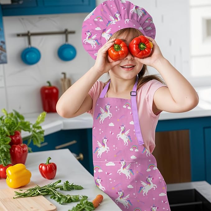 SANDJEST Kids Apron with Chefs Hat Set, Kitchen Apron Gifts