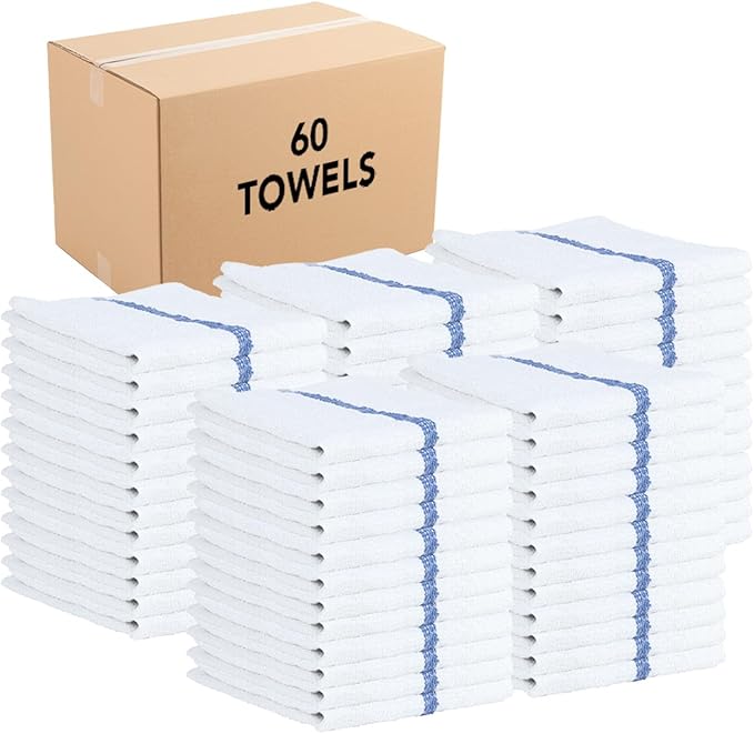 Arkwright Bar Mop Towels Bulk, Case of 60, 100% Cotton Kitchen Dishcloths, Absorbent Quick Dry Cleaning Cloths for Restaurant, Bar and Home Kitchen, 16 x 19 in, White/Blue