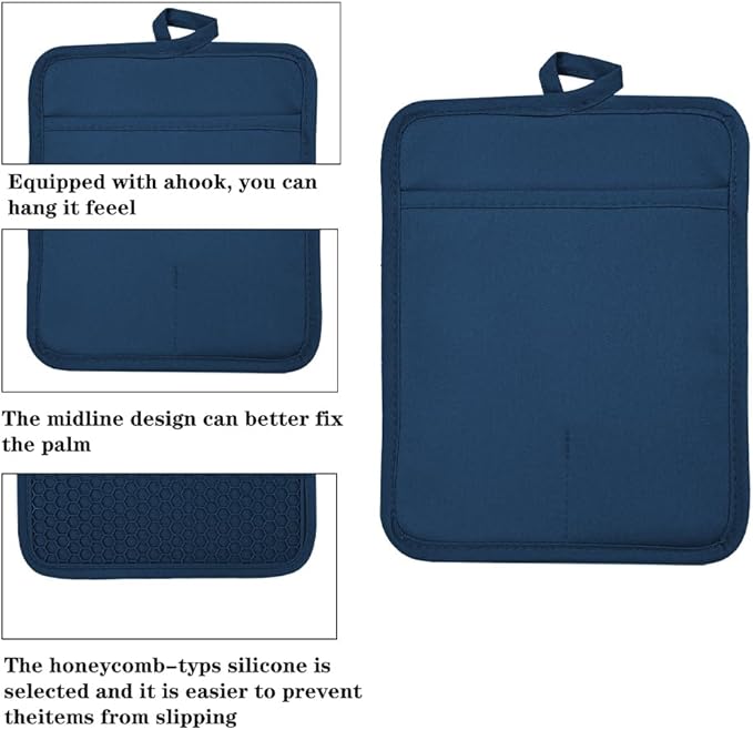 Oven Pot Holder with Pocket Cotton Heat Resistant Coaster Potholder Kitchen Hot Pad Oven Mitts for Cooking and Baking Square 7"x9" (Blue, Silicone)