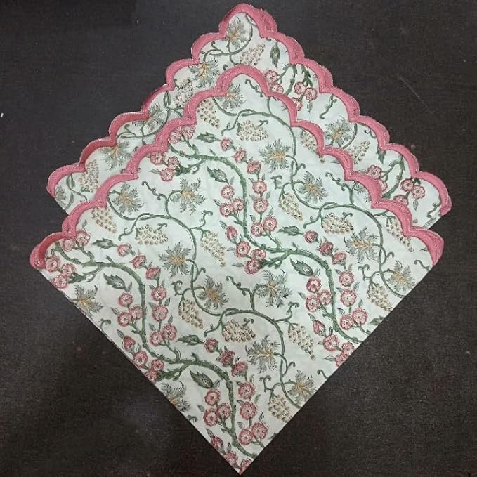 Ridhi Hand Block Print Coral Pink 18" x 18" (Set of 4) Embroidery Table Napkins Reusable Cotton Dinner Napkins for Weddings, Parties, Everyday Dining Gift for Spring, Easter, Valentine