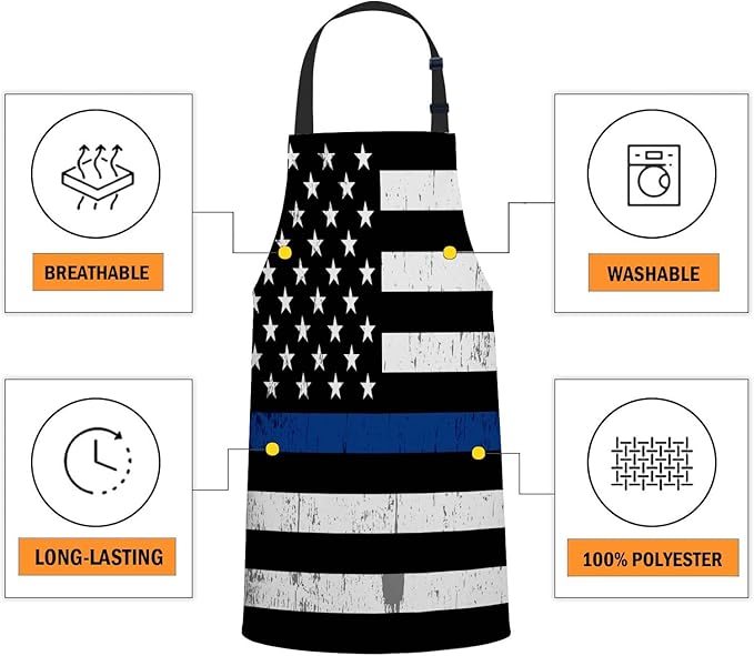 oFloral Retro Thin Blue Line Flag Apron Unisex Adjustable Bib Apron, Cooking Kitchen Chef Apron, Women Men Apron for Home Kitchen, Restaurant, Coffee house