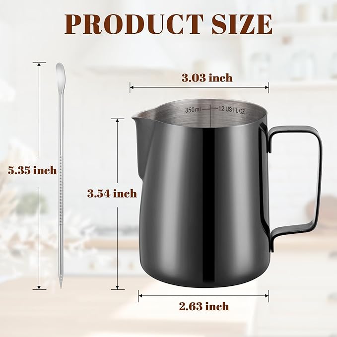 Amrules Milk Frothing Pitcher, 12 oz Milk Frother Cup with Clear Scale, 304 Stainless Steel Cappuccino Espresso Machine Accessories for Barista Coffee Bar with Latte Art Pen, Bright Black