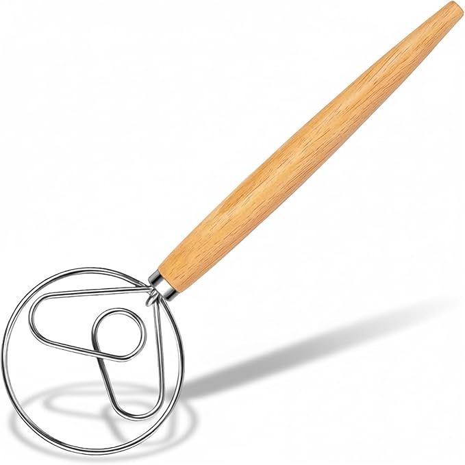 Maxjoy Danish Dough Whisk Stainless Steel with Wooden Handle, Dutch Whisk Dough Hook for Sourdough Bread Baking Mixing Tool