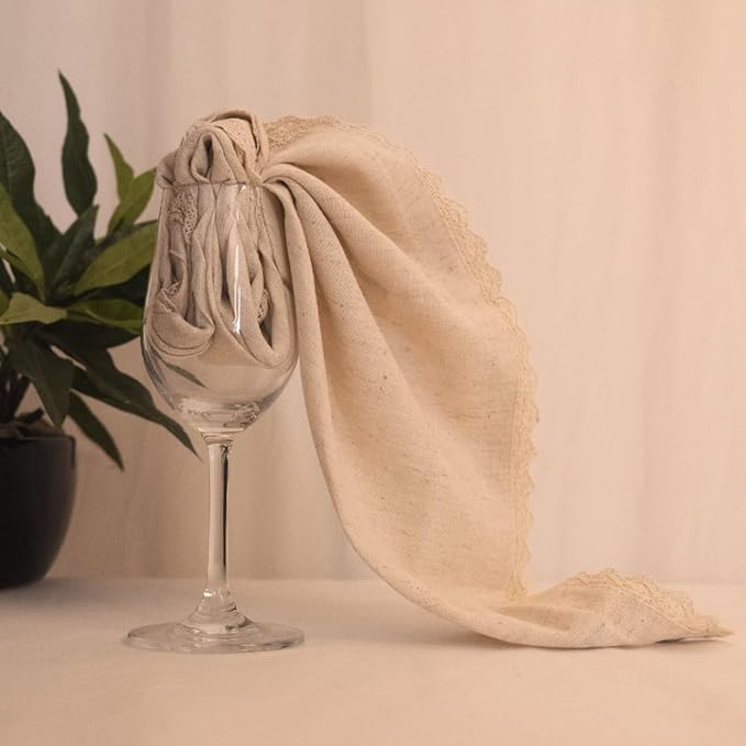 FINGERCRAFT Dinner Cloth Napkin Cotton Linen 4 Pack Vintage Rustic Premium Quality Mitered Corners Napkin Cloth with Elegant Lace for Everyday Use, Pre Shrunk and Good Absorbency 20x20 in Ivory