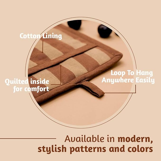 Folkulture Pot Holders for Kitchen | Pack of 2 (8x8) Ribbed Soft Silicone Hot Pads for Kitchen | 100% Cotton Cute Oven Pot Holders Set | Heat Resistant | Machine Washable | Non Slip | Caramel