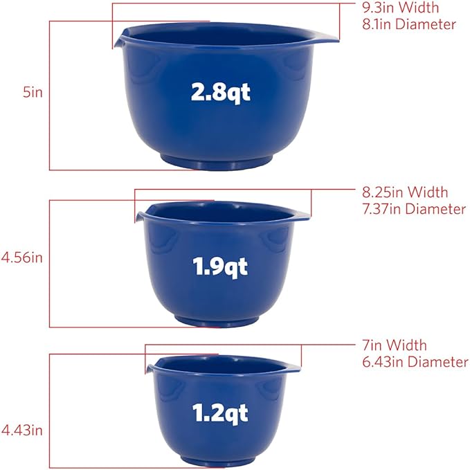 Glad Mixing Bowls with Pour Spout, Set of 3 Nesting Design Saves Space Non-Slip, BPA Free, Dishwasher Safe Plastic Kitchen Cooking and Baking Supplies, Blue