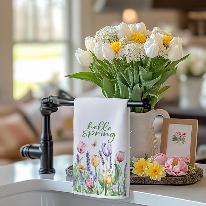 Tulip Hello Spring Kitchen Towels Set of 2,Green Floral Dish Hand Towels Farmhouse Indoor Outdoor Holiday Seasonal Decorations DD094