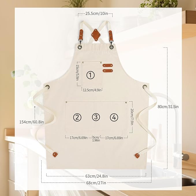 Chef Aprons for Men Women with Large Pockets, Cotton Canvas Water Repellent Kitchen Apron for Cooking