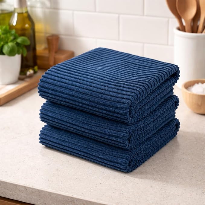 Serafina Home Royal Nautical Blue Kitchen Hand Dish Towels: Oversized 28" x 18",100% Cotton Cloth Soft Cleaning Drying Absorbent Set of 3 Multipurpose for Everyday Use (Royal Blue)