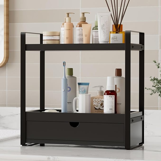 Boulphia 2-Tier Bathroom Organizer Countertop with Drawer, Wood Bathroom Counter Shelf for Storage, Vanity Organizer Countertop for Kitchen, Office