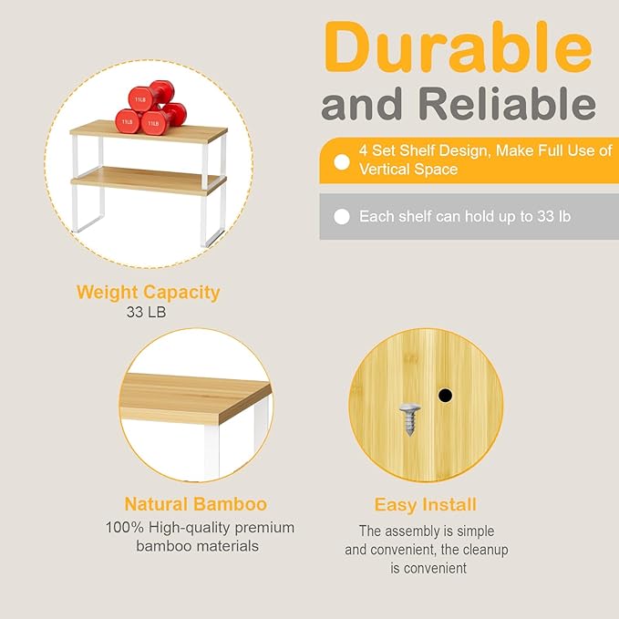OGEMXU Cabinet Shelf Organizers, 15.7 inches Large Kitchen Counter Shelf, Set of 4 Wood Kitchen Pantry Organizer, Storage Shelves for Countertop, Spice Rack, Stackable, Expandable, Metal White, Nature