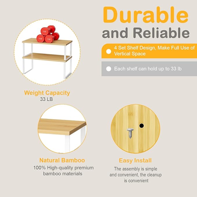 OGEMXU Cabinet Shelf Organizers, 15.7 inches Large Kitchen Counter Shelf, Set of 2 Wood Kitchen Pantry Organizer, Storage Shelves for Countertop, Spice Rack, Stackable, Expandable, Metal White, Nature