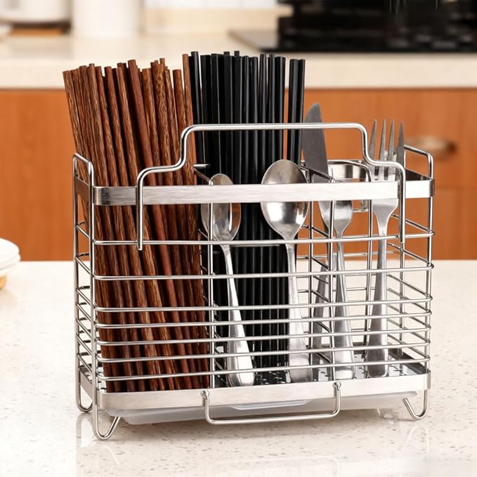 Kitchen Utensil Holder, Stainless Steel Utensil Drying Rack with Hooks, Utensil Holder Counter Organizer, 3 Compartments for Forks, Knives, Spoons, Chopsticks & Cooking Tools (Silver)