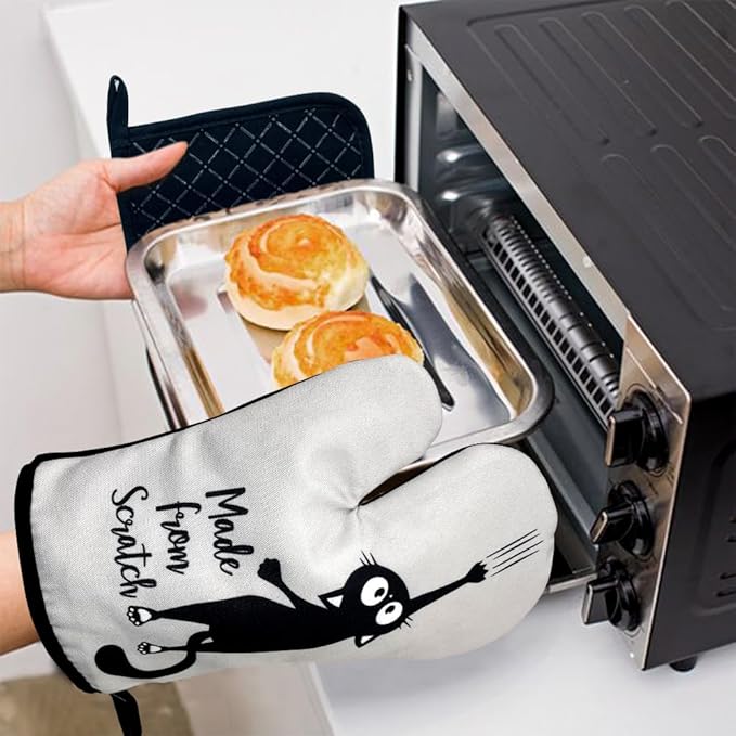 zcyhtqp, Made from Scratch, Funny Silicone Non-Slip Oven Mitts and Pot Holders Sets of 2, Cat Oven Mitts, Bake Lover Gift, Kitchen Gift for Cat Owner, Cat Mom