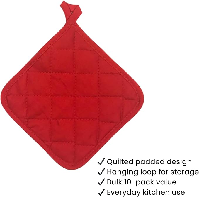 Lobyn Value Packs Economical Lightweight Bulk Potholders Ten (10) Pack Everyday Quality 6.5" Square Perfect for Craft Projects Brite Red