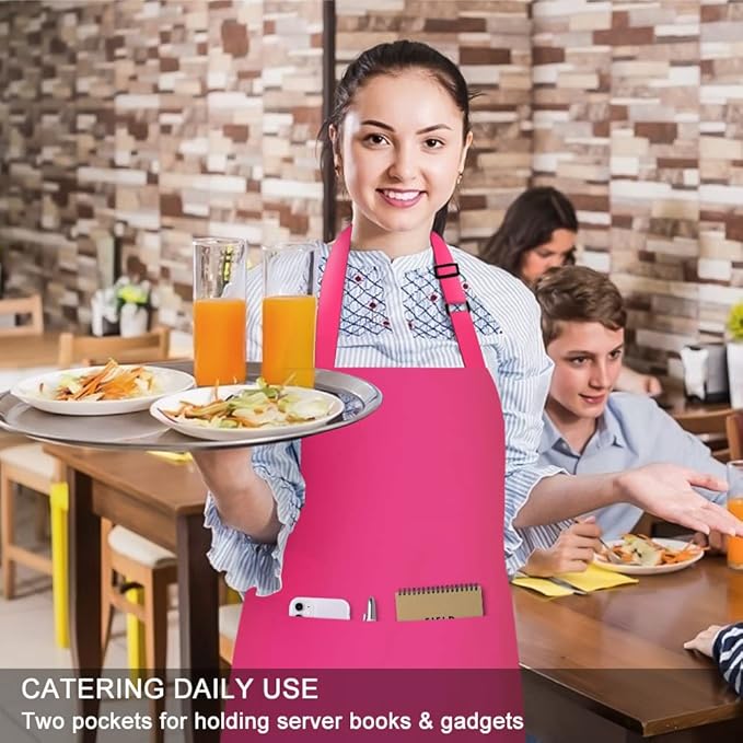 Jubatus 2 Pack 100% Cotton Aprons with 2 Pockets Cooking Chef Kitchen Adjustable Bib Apron for Women Men, Hot Pink