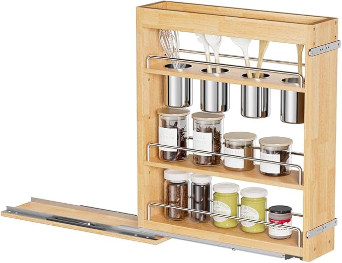 OCG 5" Pull-Out Solid Wood Storage Organizer for Base Cabinets, Soft Close 3 Tier Narrow Pull-out Wooden Storage Rack for Spices, Utensils, and Kitchen Tools
