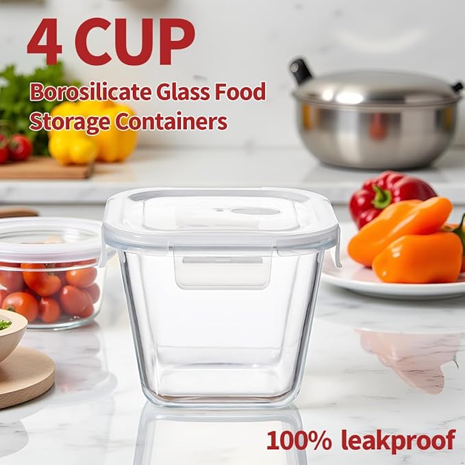 H.JSS WDJS 32oz Square Glass Food Storage Containers with Lids, 4 Cup Glass Soup Containers, Heat-Resistant BPA free Square Meal Prep Bowls for Microwave, Freezer and Dishwasher safe (4Packs)