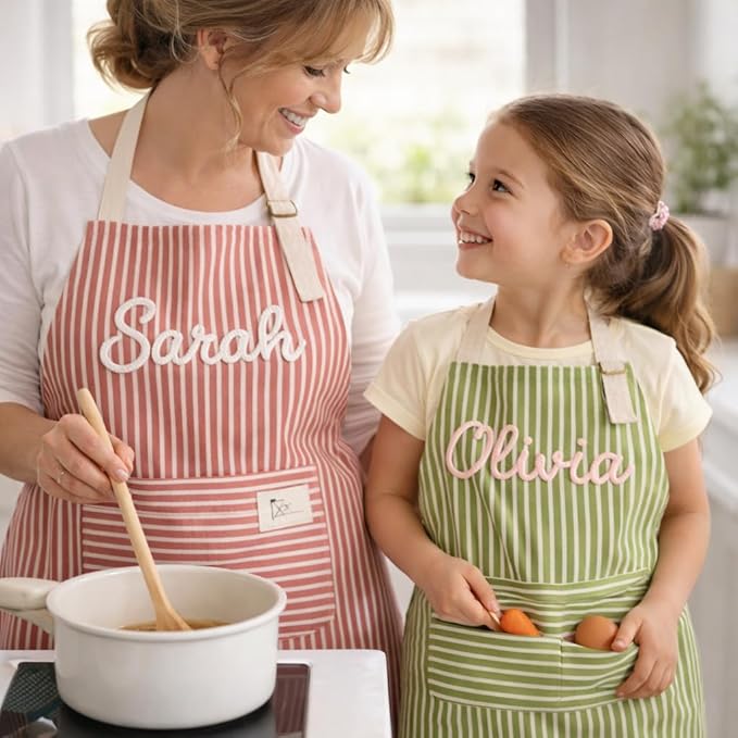 Personalized Apron for Women with Custom Name – Handmade 3D Crochet Corduroy Kitchen Apron with Pocket | Cute Cooking Baking Apron | 20+ Colors | Mother’s Day Gift for Mom