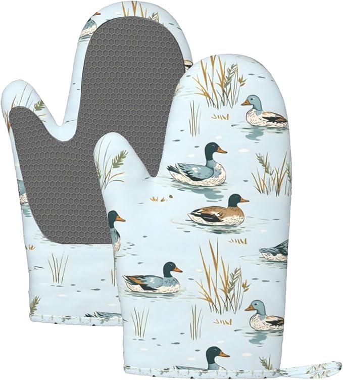 Swimming Ducks Silicone Oven Mitts Set of 2, Heat Resistant up to 500°F, Kitchen Oven Gloves with Non-Slip Grip and Soft Cotton Lining for Baking, Cooking and BBQ