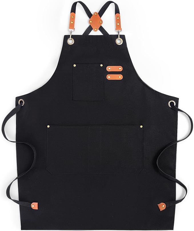 Chef Aprons for Men Women with Large Pockets, Cotton Canvas Water Repellent Kitchen Apron for Cooking