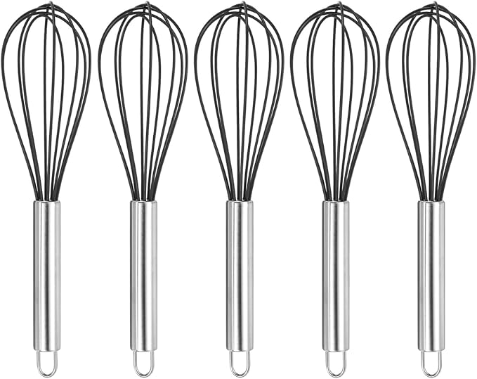 HARFINGTON 5Pcs Silicone Whisk 10" Kitchen Whisk Wire Whisks Beater with Stainless Steel Handle for Egg Milk Whisking Blending Beating & Stirring, Black