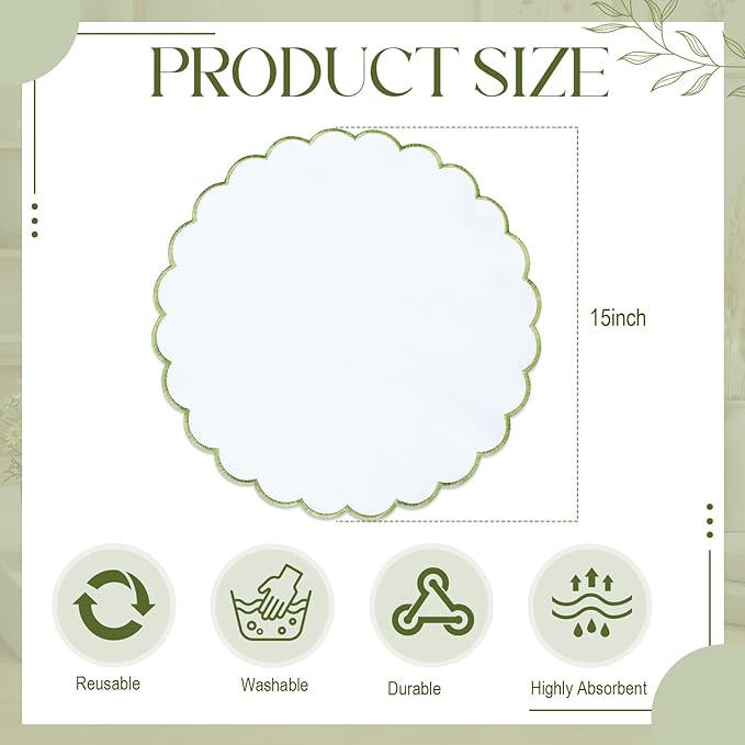 Set of 12 White Cotton Placemats 15 Inch Round Scalloped Embroidery Placemats Washable Double Layered Rustic Table Mat Fabric Napkins for Wedding Table Decor