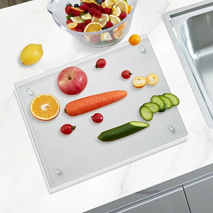 Mymonfif Tempered Glass Cutting Board for Kitchen, Clear Glass Board for Countertop, Heat Resistant, with Non-Slip Feet, 12x16" 1Pcs
