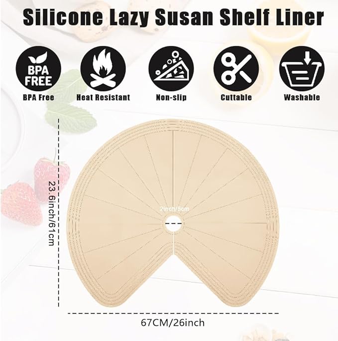 2 PCS 26" Lazy Susan Shelf Liner, Jaxbo Silicone Lazy Susan Liner for Dual Tier Pie Cut Organizer,Non-Slip Thermal Protection Mat