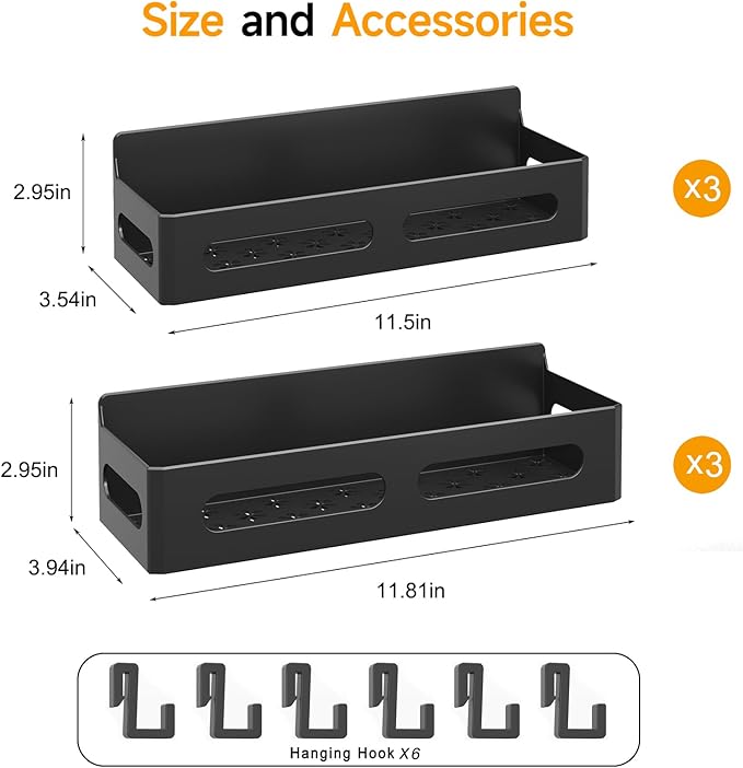 Sevenblue 6 Pack Strong Magnetic Spice Rack for Refrigerator, Multipurpose Magnetic Shelf for Fridge with 4 Hooks for kitchen and Bathroom Organization, Black