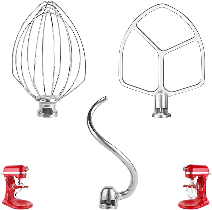 Stainless Steel 3 Piece kit Attachments，Dough Hook 6 Wire Whisk Flat Beater Compatible with KitchenAid 5 Plus -6QT Mixer，Bowl Lift Stand Mixer Accessory，Rust Resistant，Dishwasher Safe