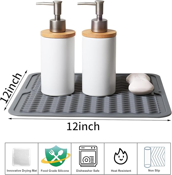 ZLR 2 Pcs Silicone Dish Drying Mat 12" x 12" Square - Small Heat Resistant Trivet & Countertop Protector for Air Fryer, Coffee Maker - Waterproof Kitchen Drain Pad for Cups, Fruit (Dark Gray)