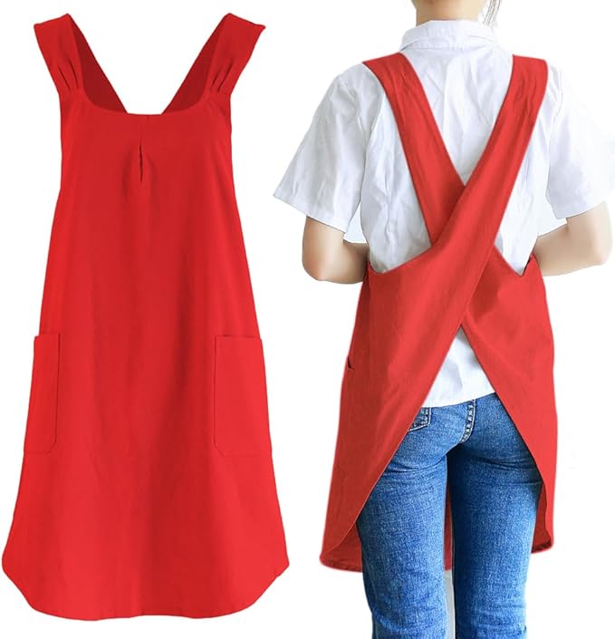 NEWGEM Japanese Cotton Linen Cross Back Cooking Apron for Women Men with Pockets Cute for Baking Kitchen