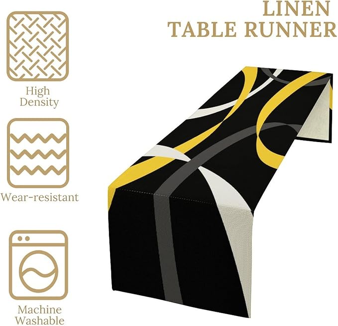 Abstract Yellow Geometric Table Runner Grey and White Striped Black Background Modern Kitchen Dinner Runner for Indoor Home Living Room Party Dining Table Decoration 13"x108"