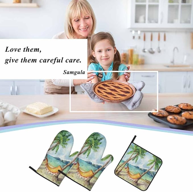 Summer Beach Oven Mitts and Pot Holders Sets Tropical Palm Tree Hammock Heat Resistant 3pcs for Cooking Baking BBQ
