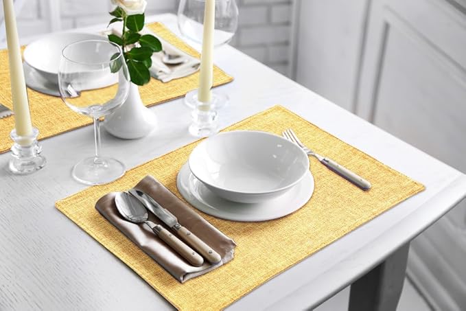 homing Cotton Linen Placemats Set of 6, Cloth Washable Farmhouse Dining Table Mats for Indoors & Outdoors, Easy to Clean, Mustard Yellow, 13 x 19 Inch