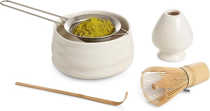 Helen’s Asian Kitchen Traditional Japanese Matcha Tea Gift Set – 5-Piece Ceremonial-Grade Kit with Bamboo Whisk, Handcrafted Bowl, Tea Sifter, Measuring Scoop, and Whisk Stand, Complete Serving Tools