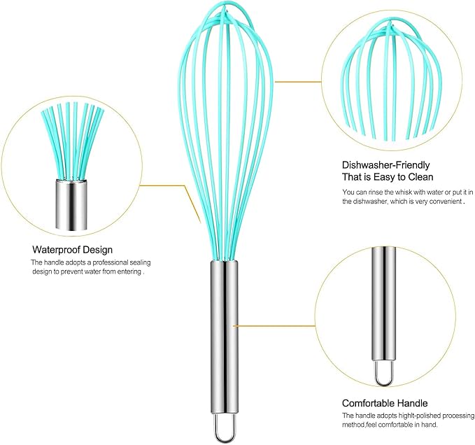 Webake 8 Inch and 10 Inch Silicone Whisk Set of 4, Egg Beater Whisk Balloon Egg Sauce Whisk with 6 Wires, French Whisk Stainless Steel Mini Silicone Whisk for Nonstick Cookware,Solid Color