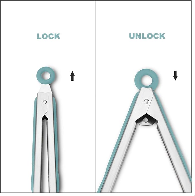Premium 304 Stainless Steel Tongs Set – 12" Grill Tongs & 9" Cooking Tongs, Heat Resistant up to 600°F, Wavy Grip Head, Non‑Slip Handle with Locking Clip & Hanging Loop, Dishwasher Safe, Aqua Sky