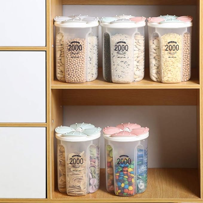 Airtight Kitchen Food Storage Container, Leak-Proof BPA Free Plastic Plastic Dry Cereal Dispensers Containers with Durable Lids for Flour, Sugar, Rice (2000ml 4 Color-4 Grid)