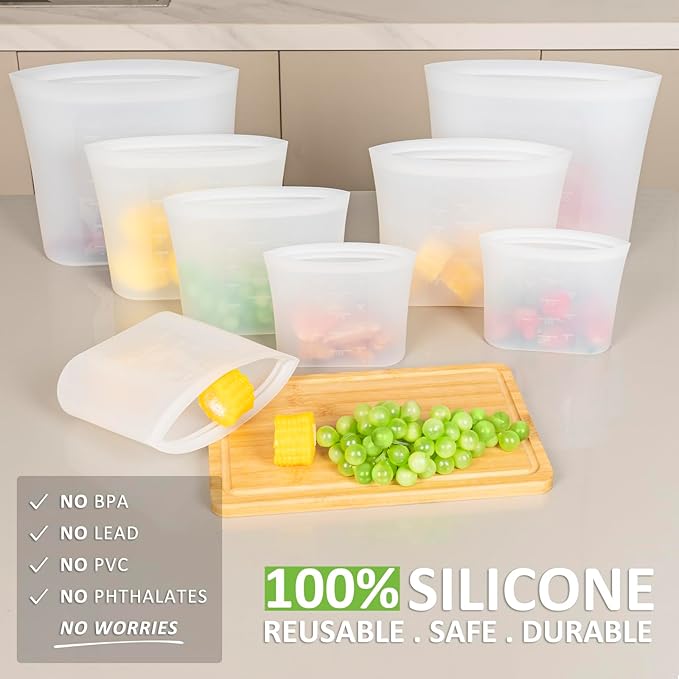 100% Silicone Reusable Storage Bag, 12 Pack Stand-Up Wide-Mouth Zip-Lock Food Storage Bags, Easy-Fill Easy-Open Easy-Clean Space-Saving, Microwave & Dishwasher Safe, Gallon/Sandwich/Snack, Translucent